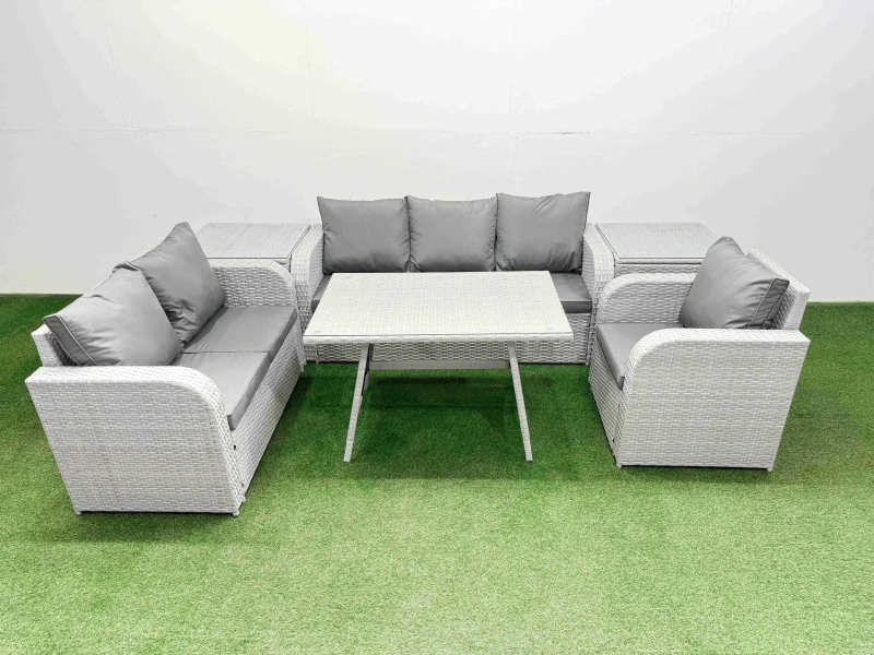 Image of Fimous Patio Dining Table & Chairs Set with Reclining Chair 2 Side Tables in Light Grey Light Grey Unisex