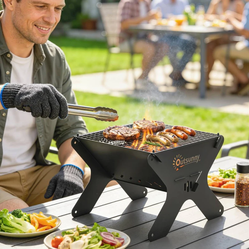 Image of OUTSUNNY 2-In-1 Portable BBQ Grill & Camping Fire Pit with Gloves in Black Unisex