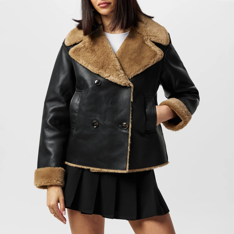 Image of French Connection Womens Cerys Structured Faux Fur Coat 01-Blackout- female 14 (L)