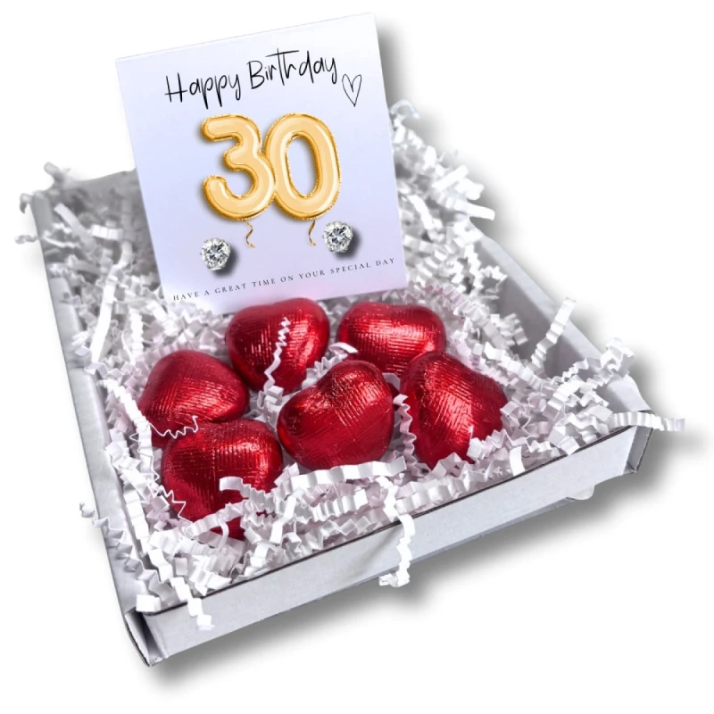 Image of Aye Do Gifts 30th Birthday Cubic Zirconia Stud Earrings & Gold Balloons Mini Gift Hamper