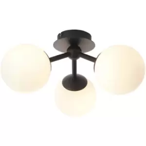 image of Semi Flush Multi Arm Bathroom Ceiling Light - Matt Black & White Glass - 3 Lamp