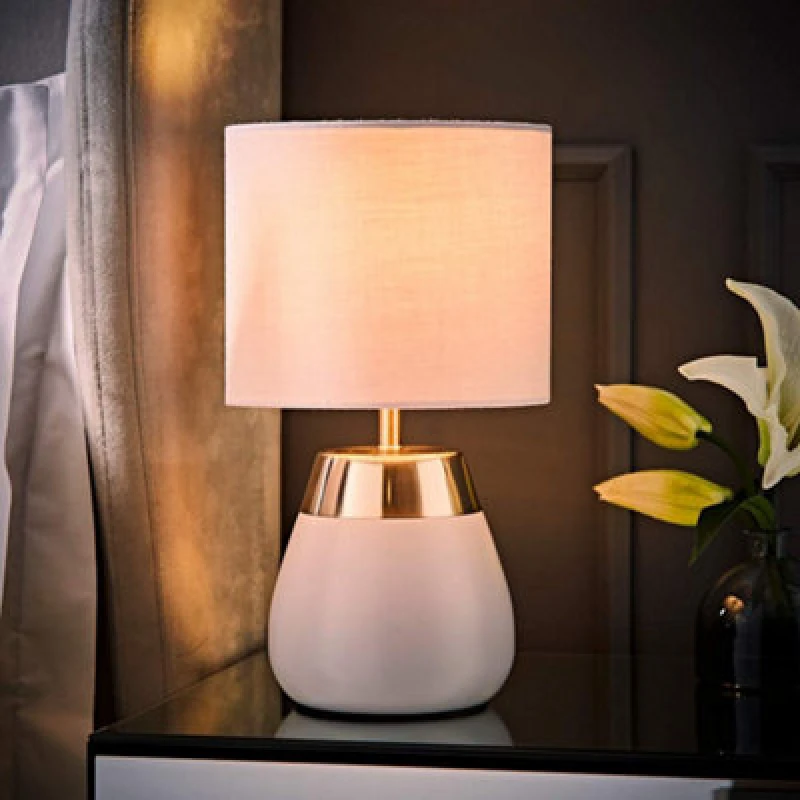 Image of ValueLights ValueLights Hurst Bulbous Touch Table Lamp with Drum Lamp Shade and Bulb in Grey Grey One Size Unisex 5059406070815