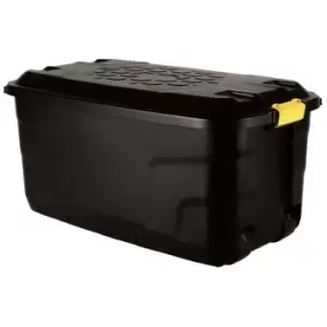 image of 75L Heavy Duty Trunk on Wheels Sturdy, Lockable, Stackable and Nestable Design Storage Chest with Clips in Black