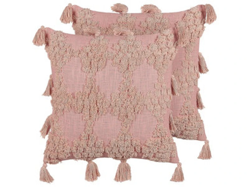 Image of Beliani Set Of 2 Decorative Cushions Torenia Cotton 45 X 45cm Pink Geometric Pattern