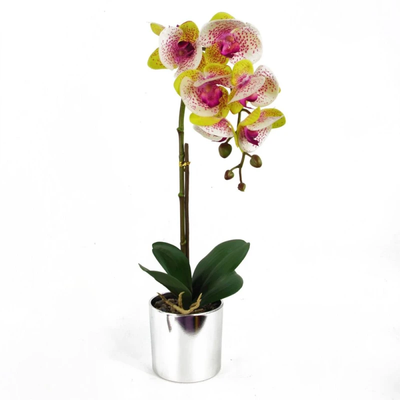 Image of Leaf 46cm Artificial Orchid Harlequin Pink with Silver Pot Pink unisex
