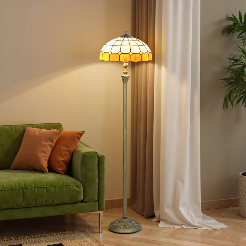 Image of HOMCOM Lamp with Handcrafted Stained Glass Shade, Vintage Standing Lamp in Orange Orange Unisex
