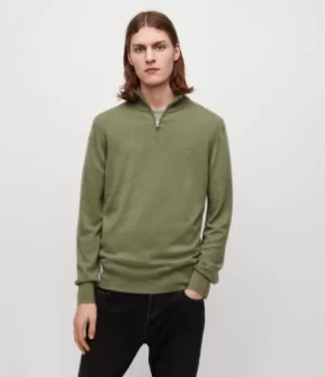 image of AllSaints Mens Kilburn Zip Funnel Neck Jumper, Moss Green, Size: M