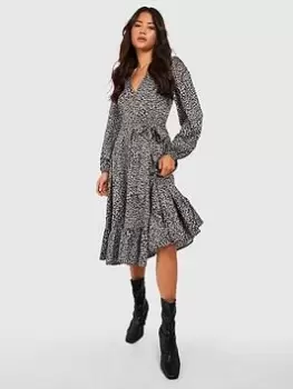 Image of Boohoo Animal Ruffle Wrap Midi Dress - Black, Size 14, Women