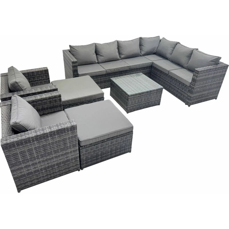 Image of Fimous Outdoor PE Rattan Garden Furniture Sofa Set with 2 Big Stools in Dark Grey Dark Grey Unisex