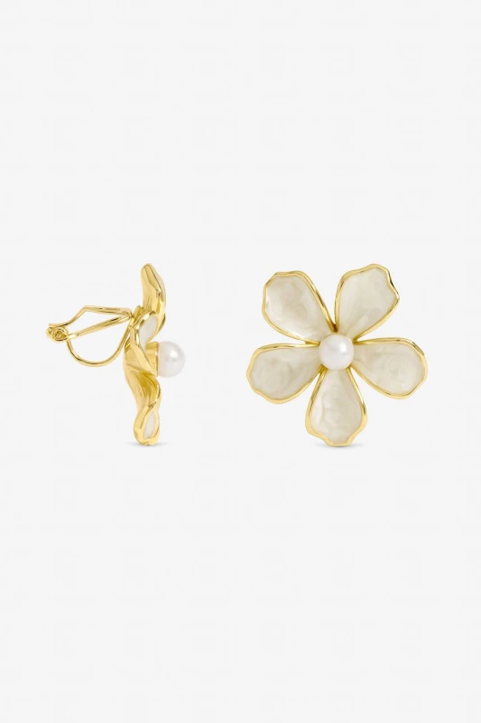 Image of Jon Richard Womens Gold Plated & White Enamel Flower Clip Earrings Gold Female One Size