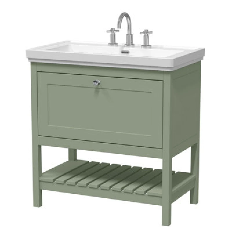 Image of Balterley Rye Traditional Bathroom 1 Soft Close Drawer Floor Standing Vanity Unit Basin, Fern Green, 830mm