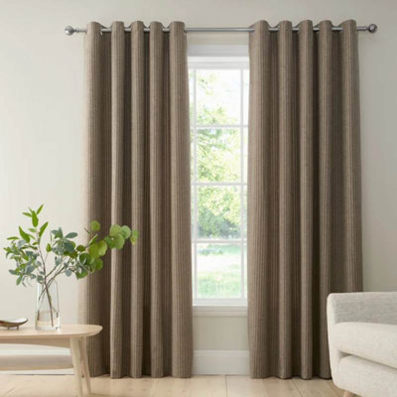 Image of Bianca Fine Linens Chenille Stripe 90X90" Lined Eyelet Curtains Two Panels Natural