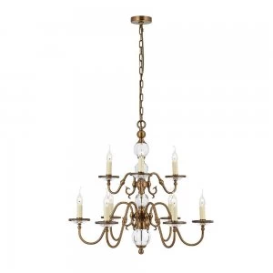 Image of 9 Light Chandelier Crystal, Antique Brass Finish, E14