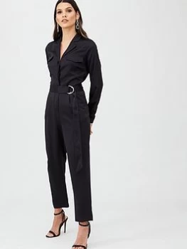 Oasis Satin Boilersuit, Black, Size 16, Women