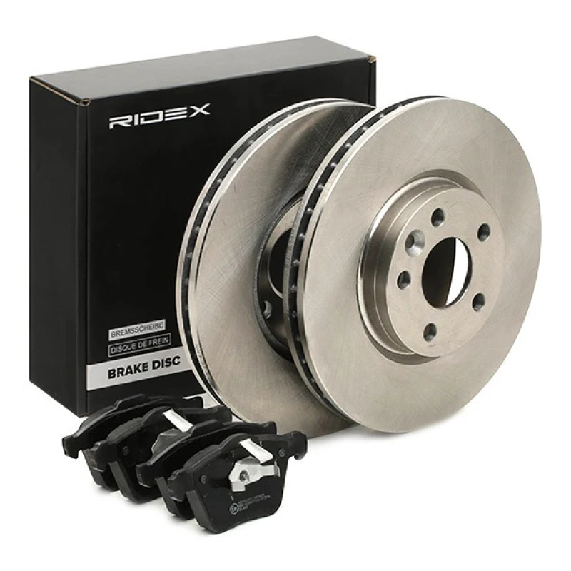 Image of RIDEX 3405B1120 Brake disc and pads set Front Axle, Brake Disc Type: Vented, prepared for wear warning indicator, with anti-squeak plate Brake Set,di