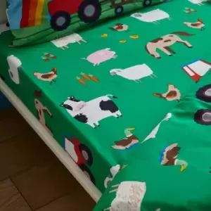 Image of Catherinelansfield - Catherine Lansfield Kids Farmyard Animals Easy Care 6" Deep Fitted Sheet, Green, Junior