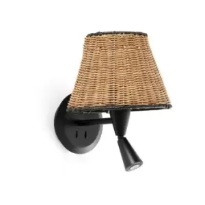 image of Faro Lighting - Faro Sumba Black, Rattan Shade Wall Lamp With Reading Light 3000K