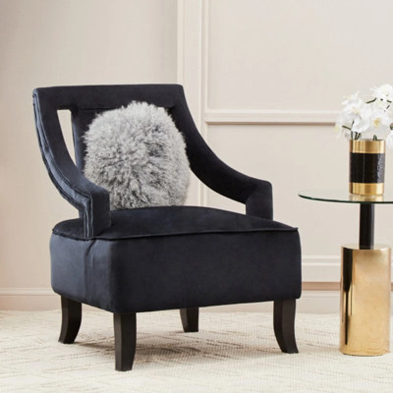 Image of Orsina Black Velvet Accent Chair, Plush Black Velvet Upholstery With Inward-Curving Arms, Wooden-Leg Lounge Chair