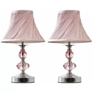 image of 2 x Chrome And Pink Touch Table Lamps + Pleated Shade - No Bulbs