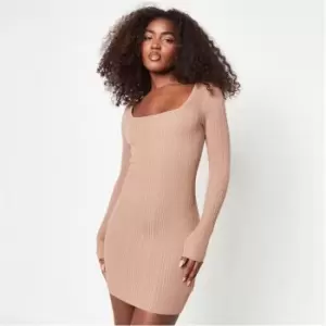 image of Missguided Recycled Rib Square Neck Knit Mini Dress - Brown