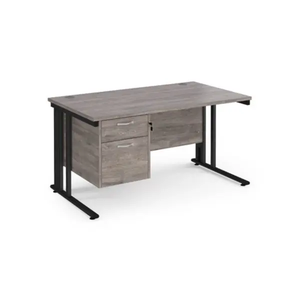 Image of Maestro 25 straight desk 1400mm x 800mm with 2 drawer pedestal - Black cable managed leg frame, grey oak top