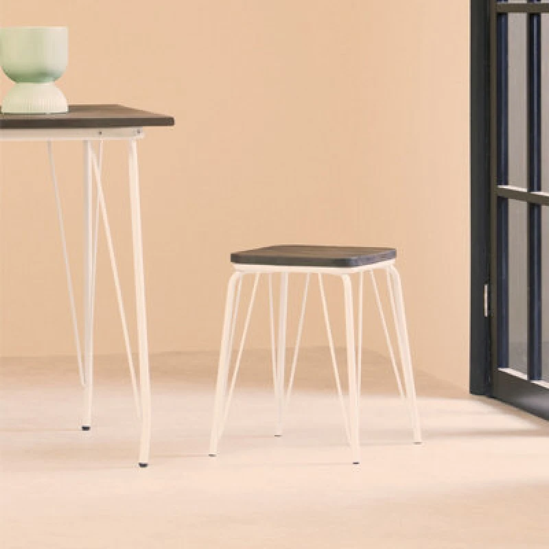 Image of Premier Housewares Sturdy And Reliable Metal and Elm Small Wood Stool, Small Square Stool, Accent Wooden Stool for Home White