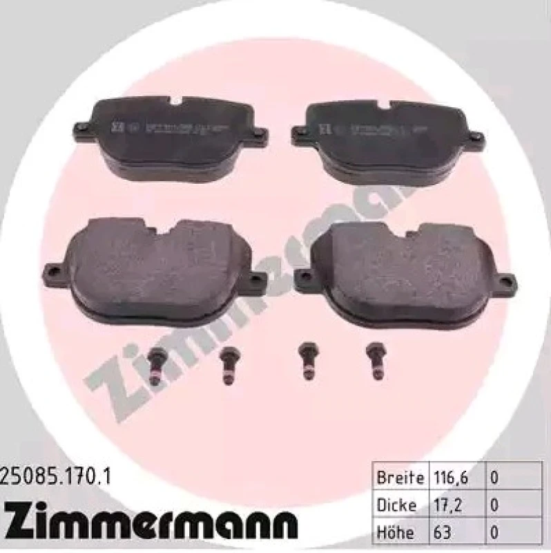 Image of ZIMMERMANN 25085.170.1 Brake pad set Rear Axle, prepared for wear warning indicator, Photo corresponds to scope of supply, with bolts/screws Brake Pa