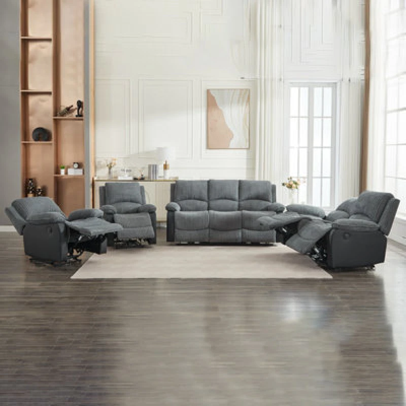 Image of Electric Reclining Sofa Set, Corduroy Fabric Recliner Sectional Sofa Suite - 1+1+2+3 Set