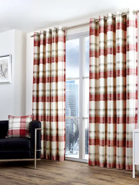 Image of Fusion 'Balmoral Check' Country Checked Pattern Pair of Eyelet Curtains Scarlet
