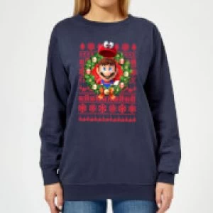 Image of Nintendo Super Mario Mario and Cappy Womens Christmas Sweatshirt - Navy - L