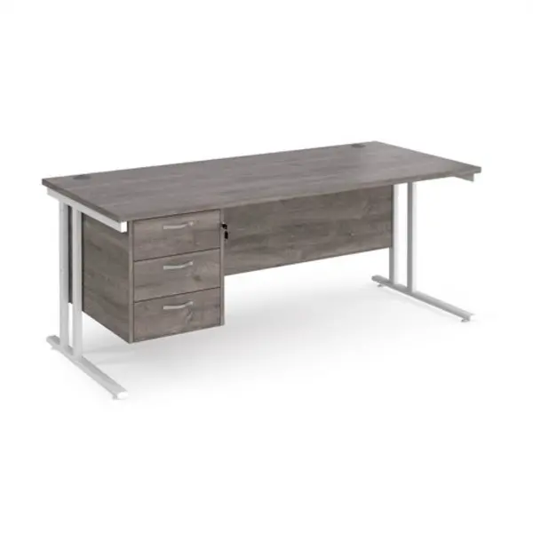Image of Maestro 25 straight desk 1800mm x 800mm with 3 drawer pedestal - white cantilever leg frame, grey oak top