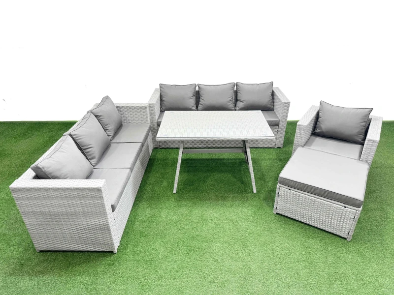Image of Fimous 8-seater Patio 3 Seater Sofa Armchair Set with Big Stool in Light Grey Light Grey Unisex