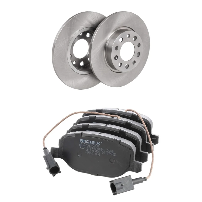 Image of RIDEX 3405B3345 Brake disc and pads set Rear Axle, Brake Disc Type: Solid, incl. wear warning contact Brake Set,disc brakes (3405)