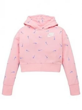 Image of Nike Girls Nsw All Over Print Crop Ft Hoodie - Pink