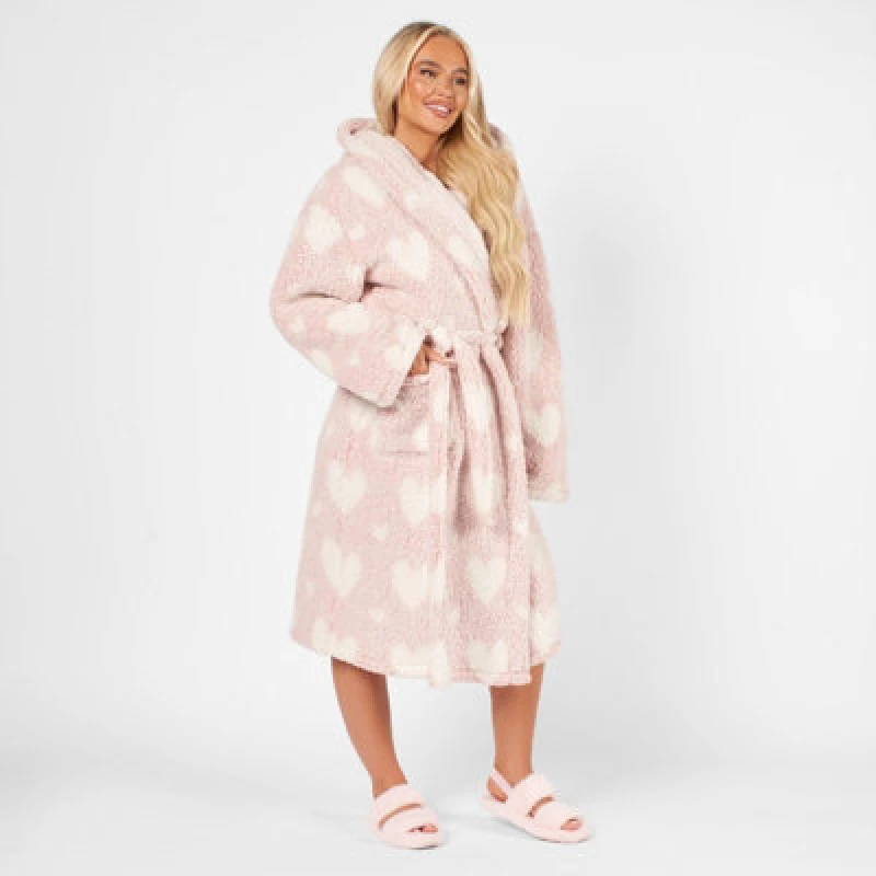 Image of OHS OHS Heart Dressing Gown Soft Teddy Marl Fleece Hooded Robe in Light Pink Light Pink One Size Unisex 5027434165193