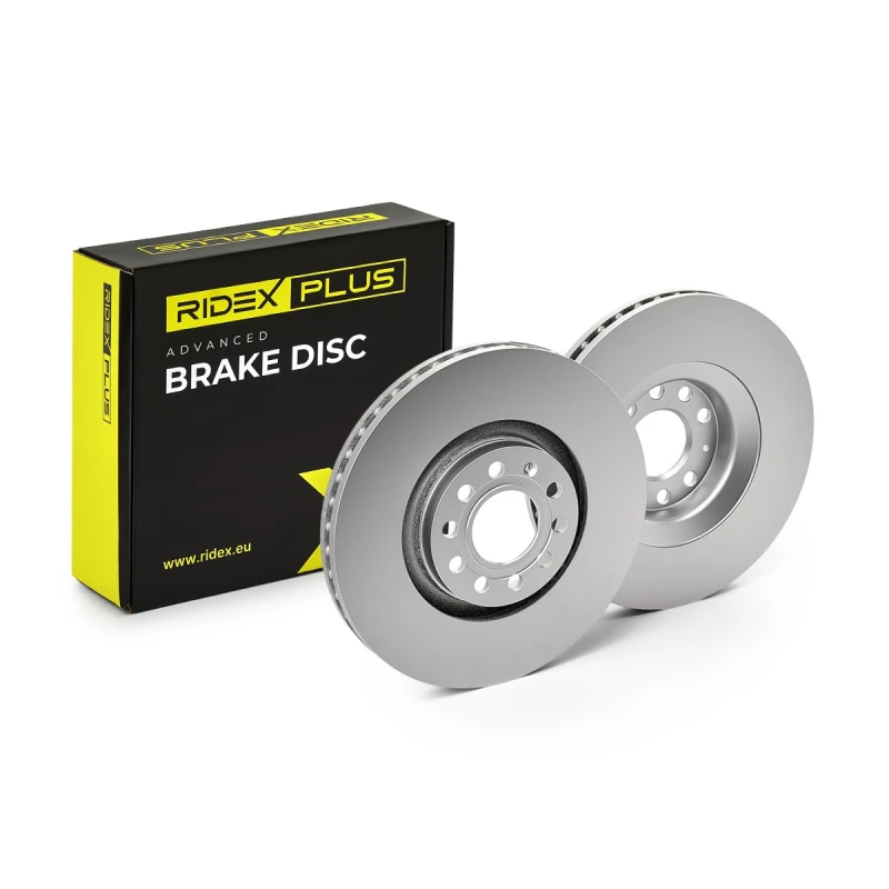 Image of RIDEX PLUS 82B0199P Brake disc Front Axle, Vented, Grey Cast Iron, Coated, High-carbon, with bolts/screws Grey Cast Iron Brake Disc (82)