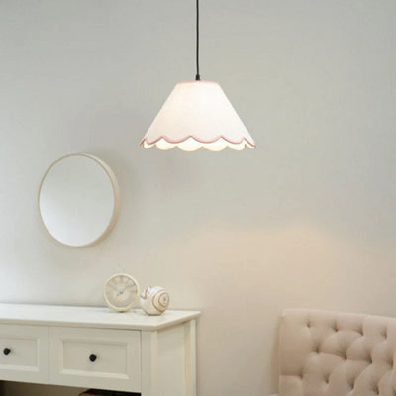Image of ValueLights Florie Natural Linen Large Tapered Scallop Pastel Trim Lamp Shade & LED Bulb Pink