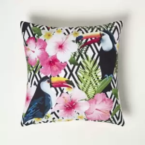 image of Tropical Toucan Outdoor Cushion 45 x 45cm - Pink & Black - Homescapes