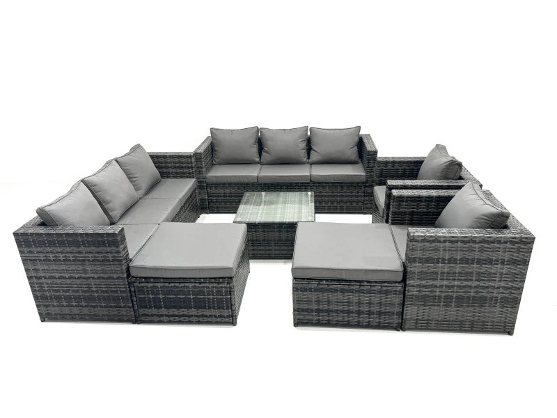 Image of Fimous 10 Seater Patio Lounge Sofa Set with 2 Big Footstool in Dark Grey Dark Grey Unisex