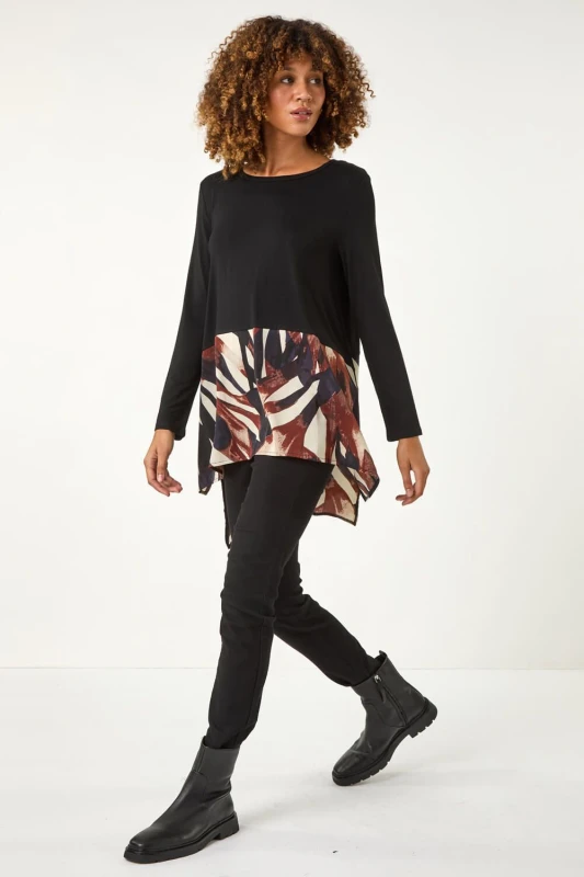Image of Roman 2 in 1 Abstract Print Chiffon Hem Top Black