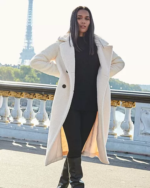 image of Sosandar Sosandar Super Cosy Longline Borg Coat Cream Female 12 XS36103