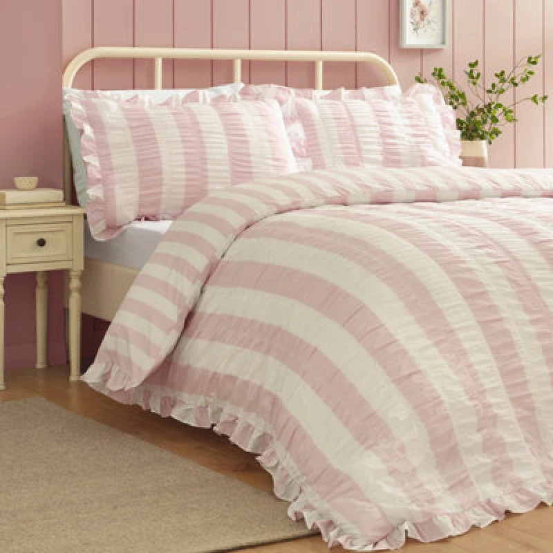 Image of Catherine Lansfield Seersucker Frill Stripe Super King Duvet Cover Set With Pillowcases Pink