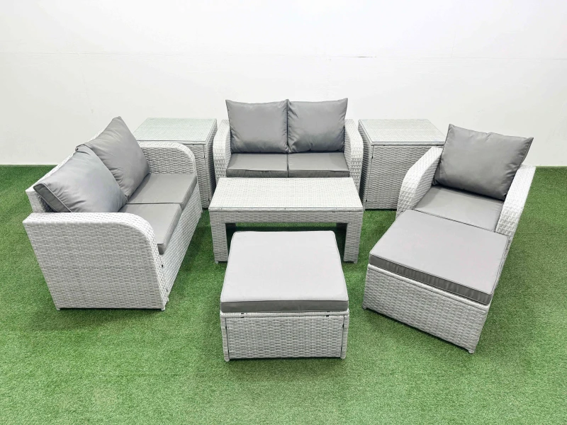 Image of Fimous High Back Poly Rattan Garden Furniture Set with Reclining Chair Loveseat Sofa Oblong Coffee Table Indoor Outdoor Patio Set 2 Big Stool 2 Side
