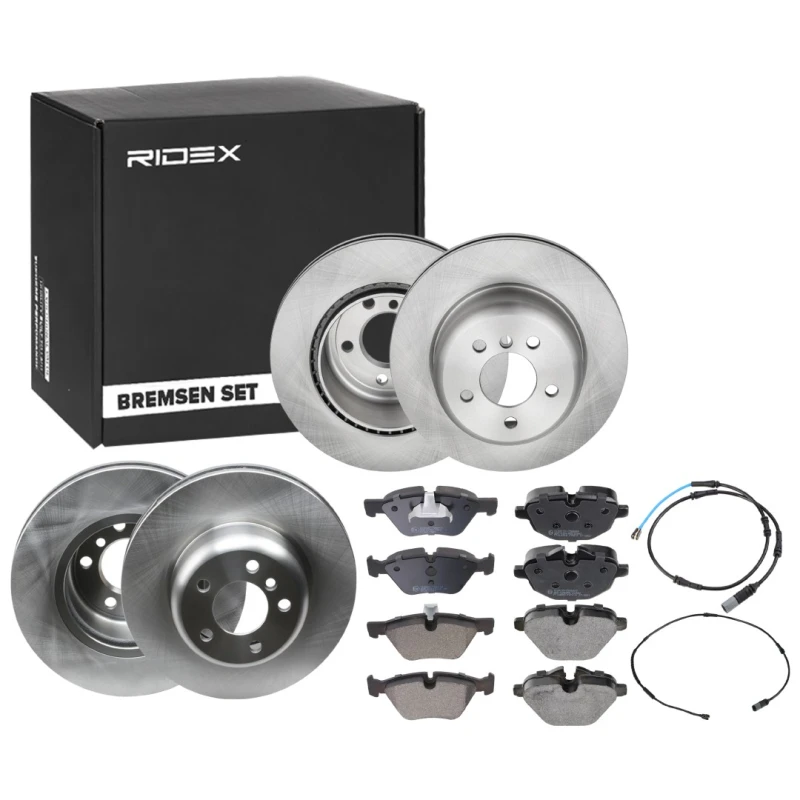 Image of RIDEX 3405B1717 Brake disc and pads set Rear Axle, Brake Disc Type: internally vented, prepared for wear warning indicator, with piston clip Brake Se