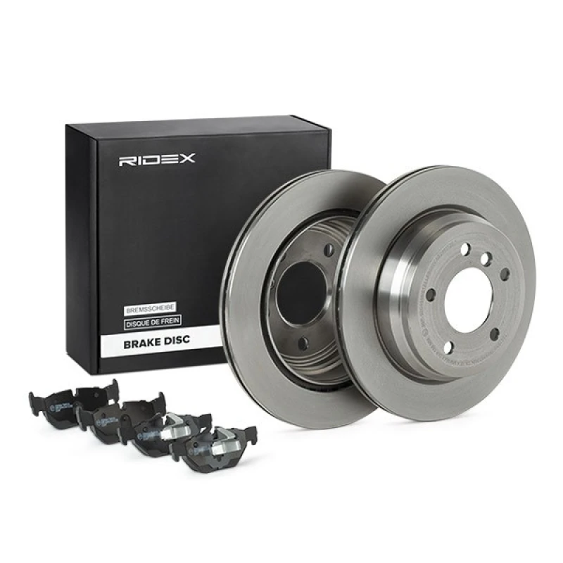 Image of RIDEX 3405B0850 Brake disc and pads set Rear Axle, Brake Disc Type: internally vented, prepared for wear warning indicator, with piston clip Low-Metal