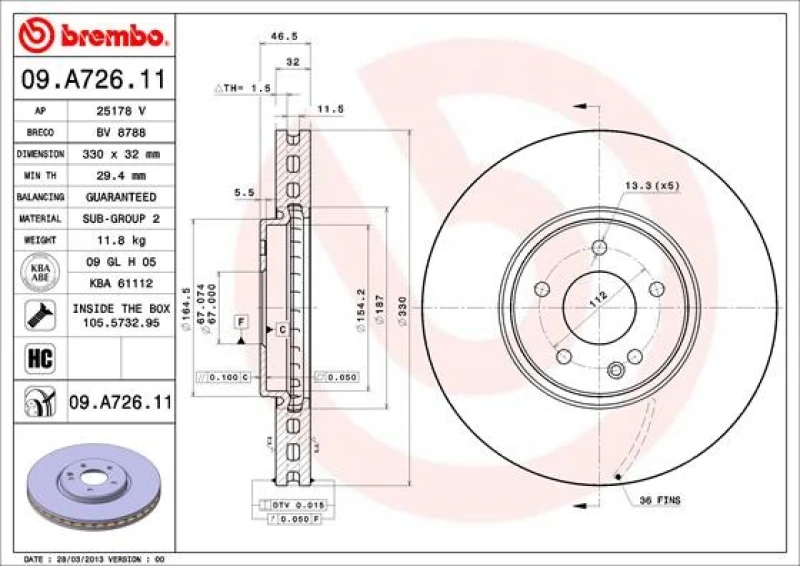 Image of BREMBO Brake disc BREMBO 09.A726.11