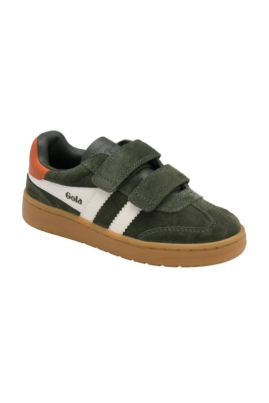 Image of Gola Classics 'Viper Strap' Kids Suede Strap Trainers in Khaki Size: 2 Khaki Unisex 2