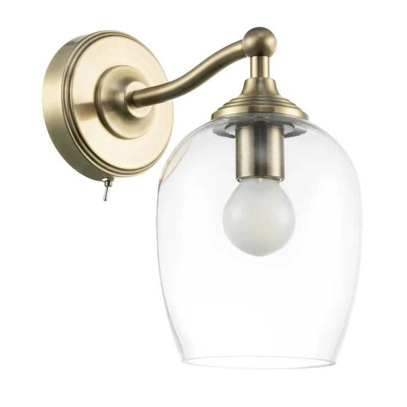 Image of Happy Homewares Traditional Wall Light Fitting in Antique Brass with Clear Glass Shade in Metallic Gold Metallic Gold Unisex