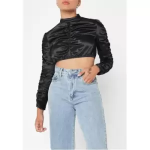 image of Missguided Petite High Neck Ruched Satin Crop Top - Black