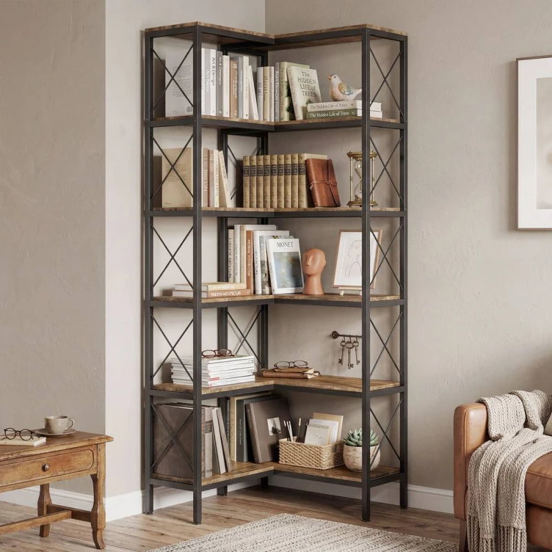 Image of HOMCOM L-Shaped Bookshelf, 5-Tier Bookcase with Metal Frame, Rustic Brown Brown Unisex
